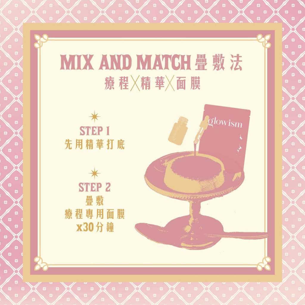 Mix and Match 疊敷法，療程、精華、面膜三管齊下。先用精華打底，再疊敷療程專用面膜30分鐘。