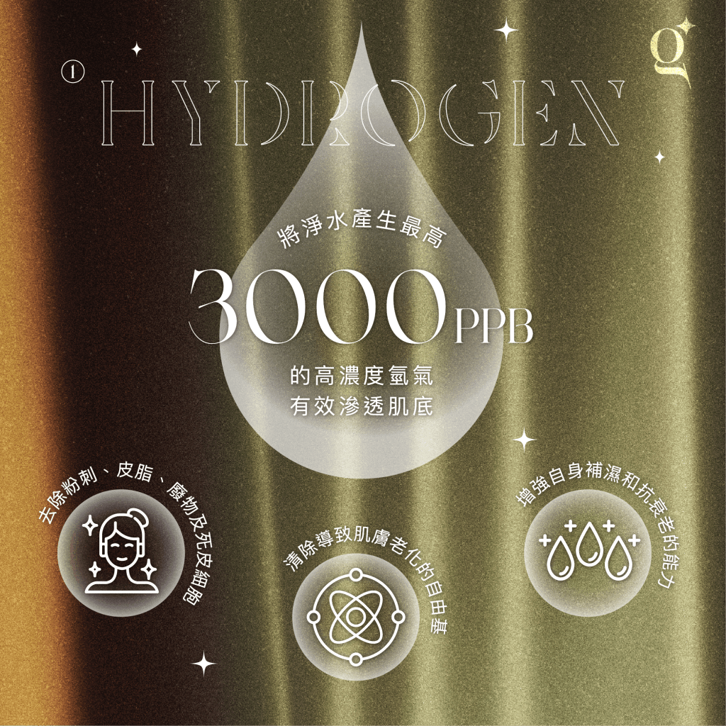 高濃度氫水能夠有效滲透肌膚，深層淨化每一寸肌膚同時清除導致肌膚老化的自由基，增強肌膚自身的保濕抗衰老能力。