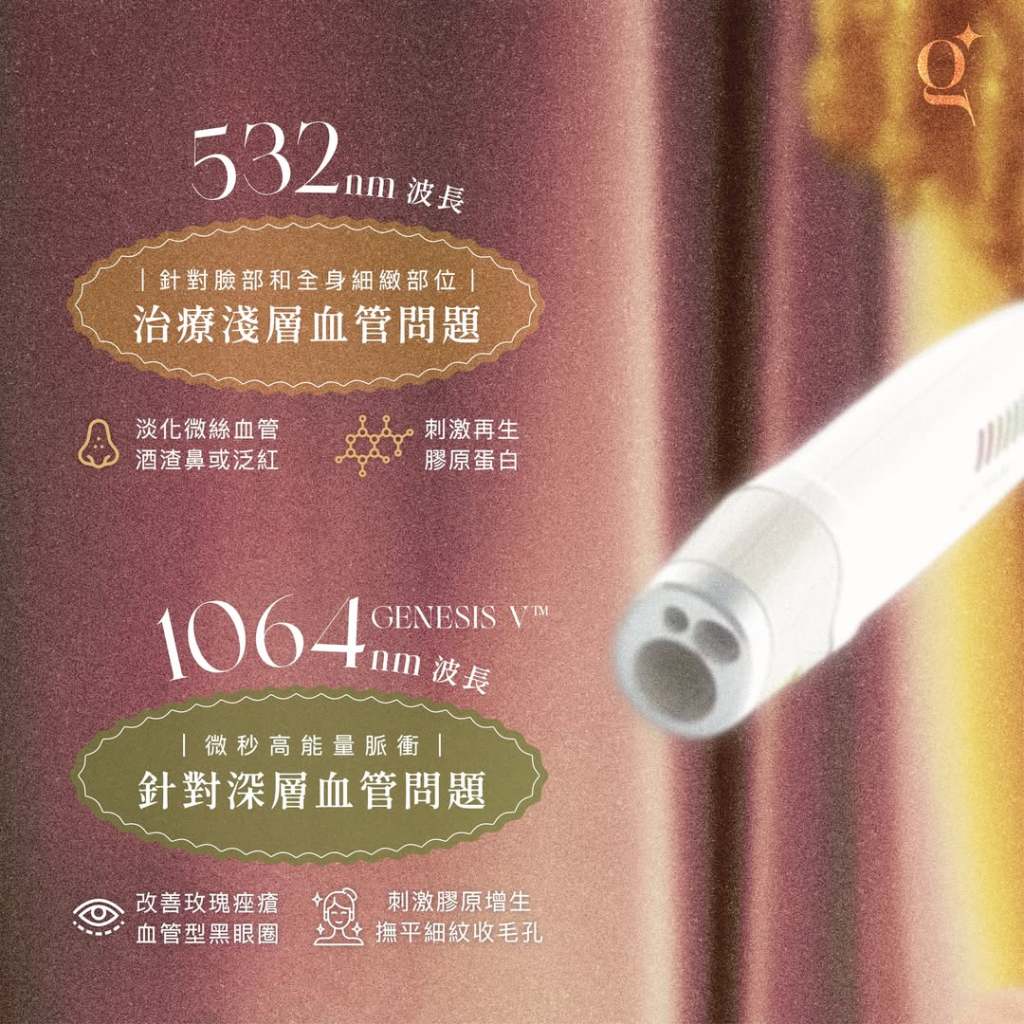結合532nm與1064nm兩大激光波長，不僅能改善表層泛紅，更能深入治療深層血管病變，從根源擊退玫瑰痤瘡。