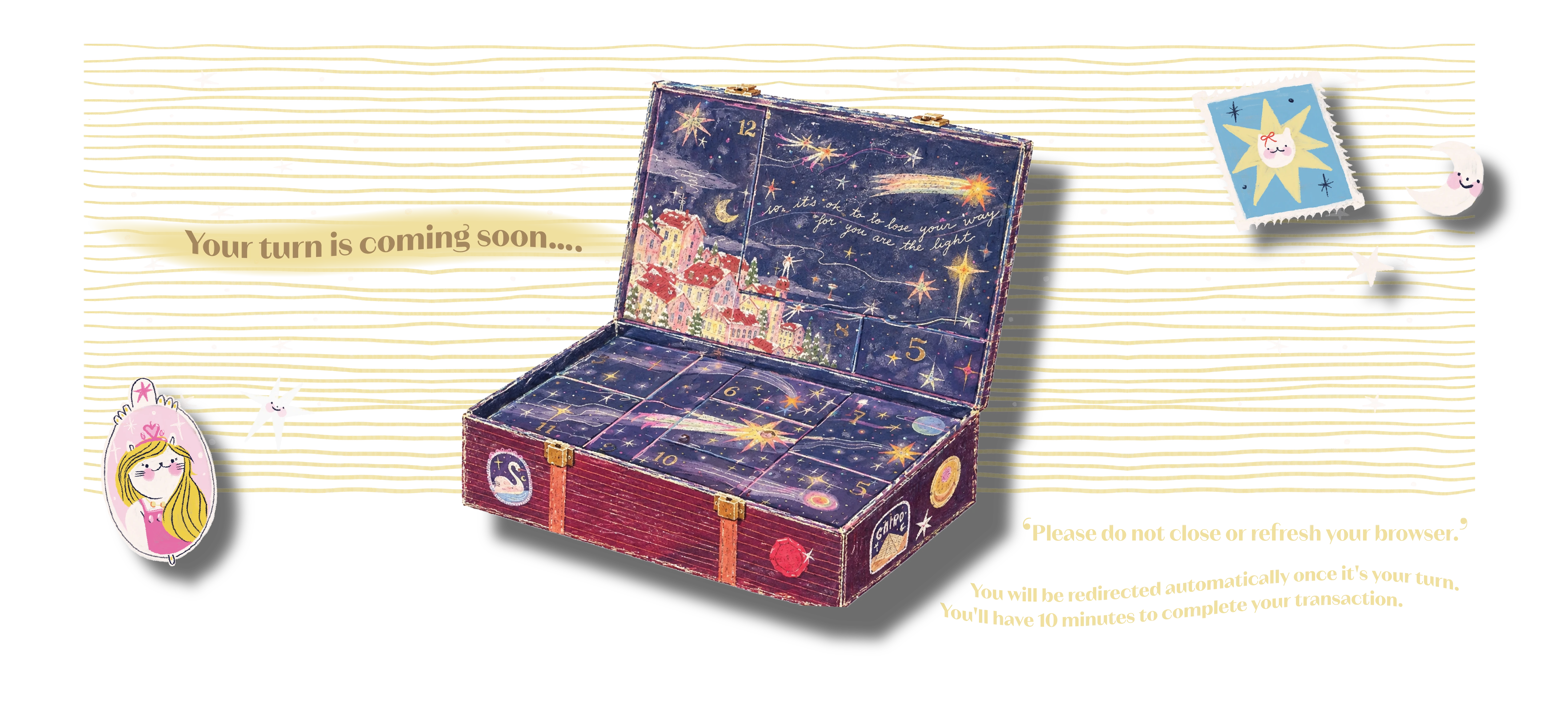 An open illustrated Dream Case beneath a golden starry sky, with a sun stamp, moon and princess charm. Your turn is coming soon.